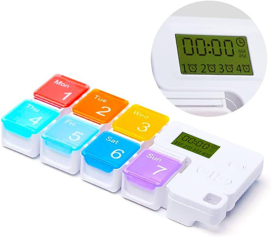 7 Day Medicine Pill Organizer, 4 Reminder Alarms, Loud Sound, 7 Large Compartments, Large Screen, Moisture-Proof, Dust-Proof, Travel Weekly/Daily Pill